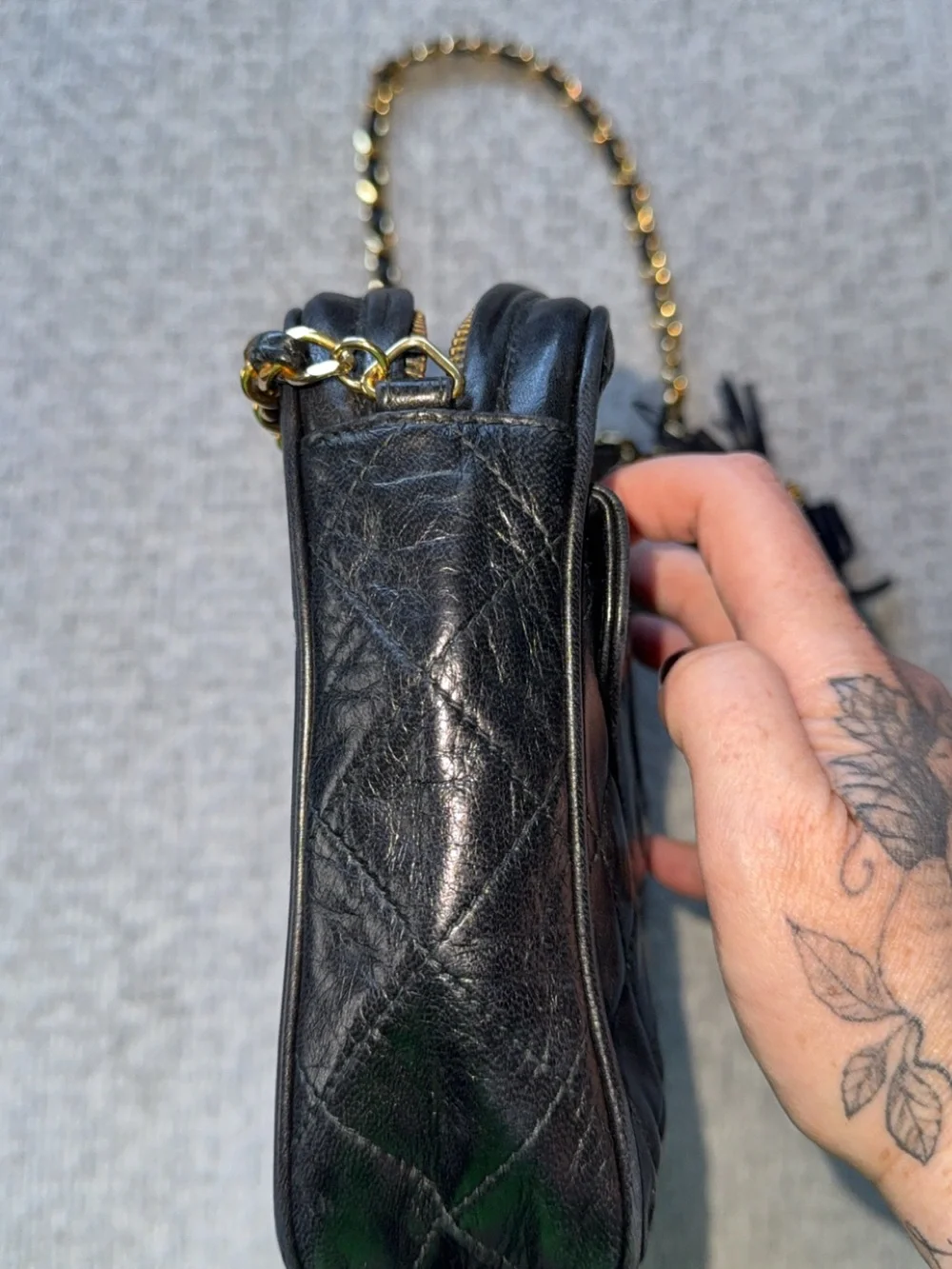 Vintage Chanel Series 1 Black Quilted Leather CC Tassel Camera Shoulder Bag
